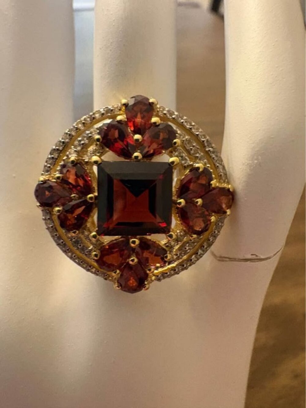 Garnet and White Topaz Ring Size 6 925 Sterling